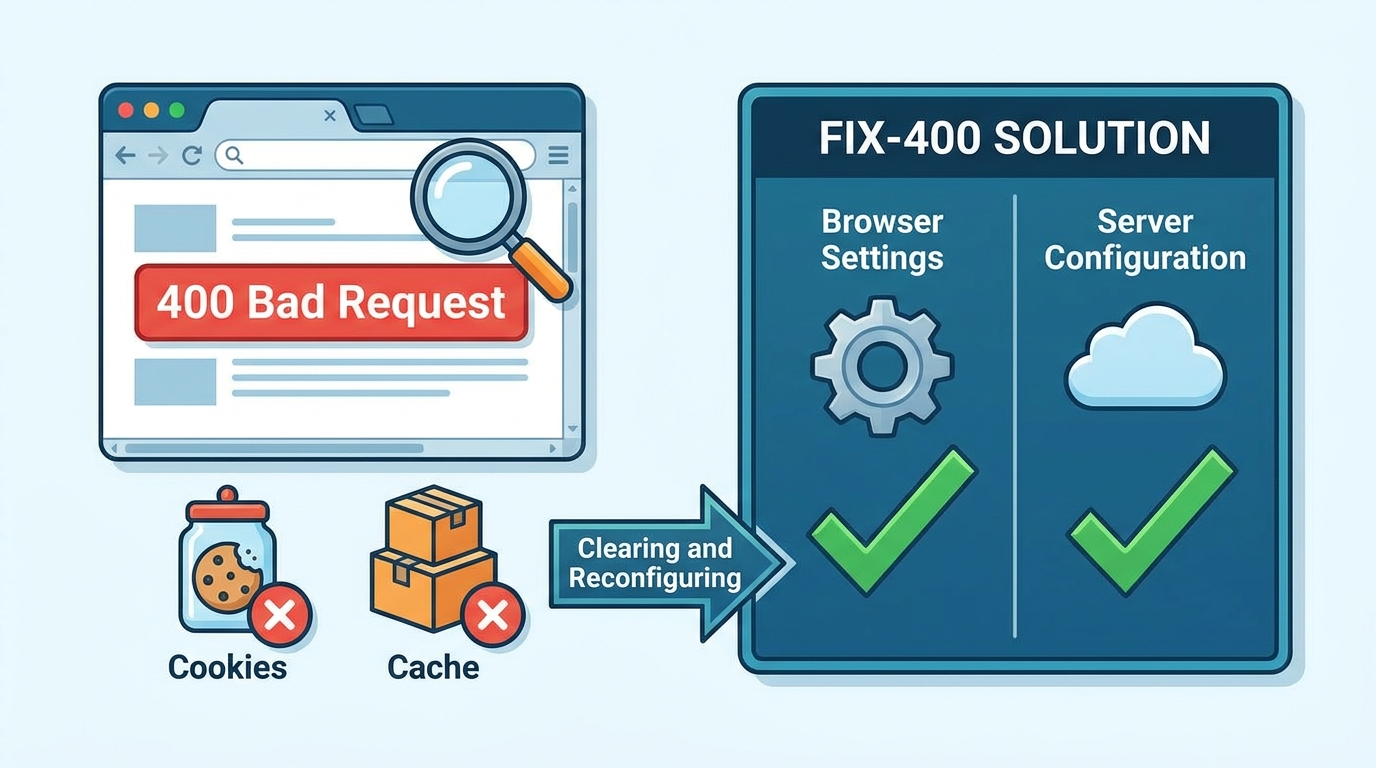 400-error-seo-impact - 400 Bad Request uyarısı üzerinde kırık bağlantı ikonu, arama motoru ikonu, aşağı yönlü SEO grafiği ve yavaşlayan yükleme simgesi