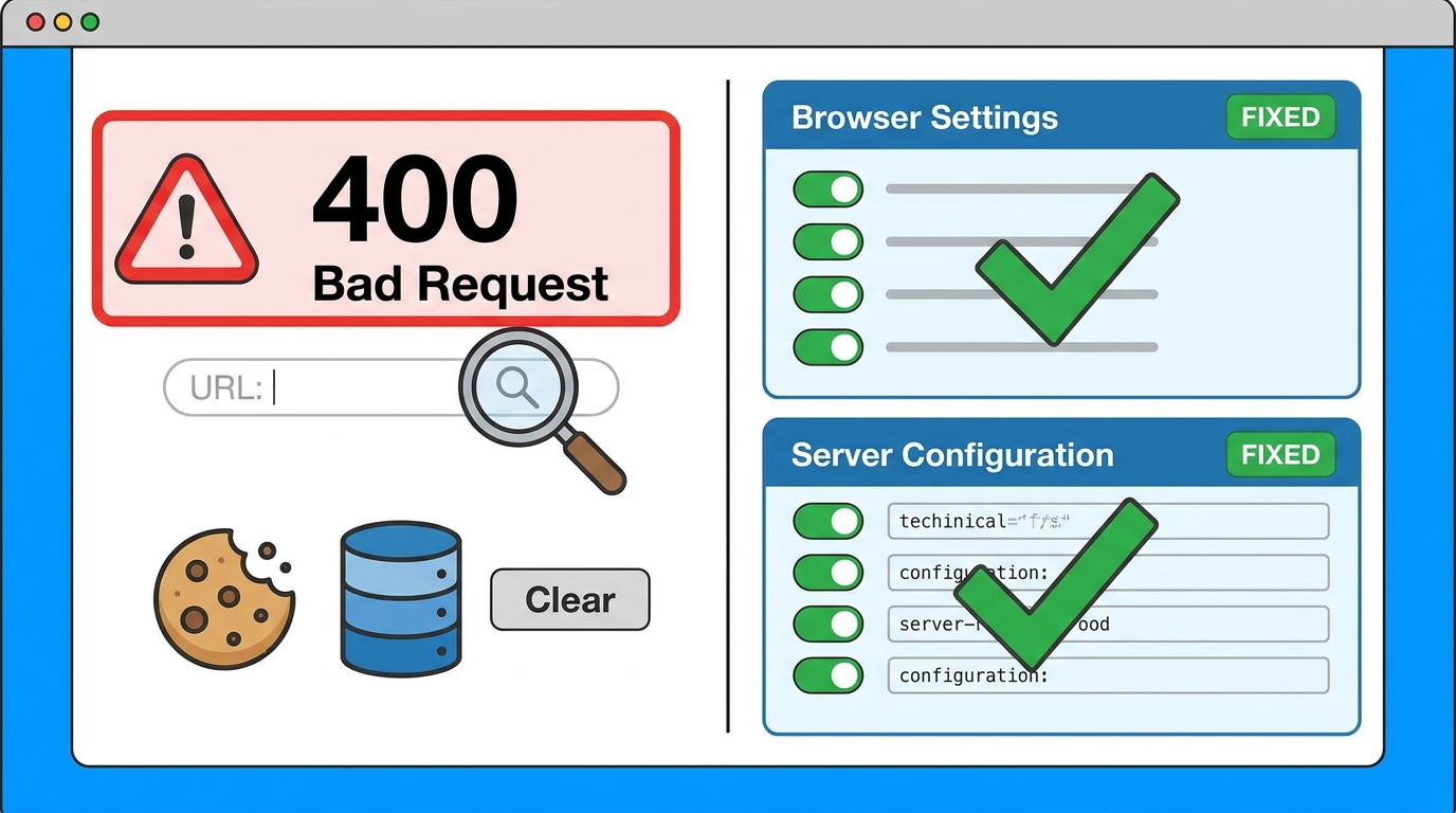 fix-400-bad-request - 400 Bad Request uyarısı, URL kontrolü için büyüteç, çerez ve önbellek ikonları, tarayıcı ayarları ve sunucu yapılandırması ile yeşil onay işareti