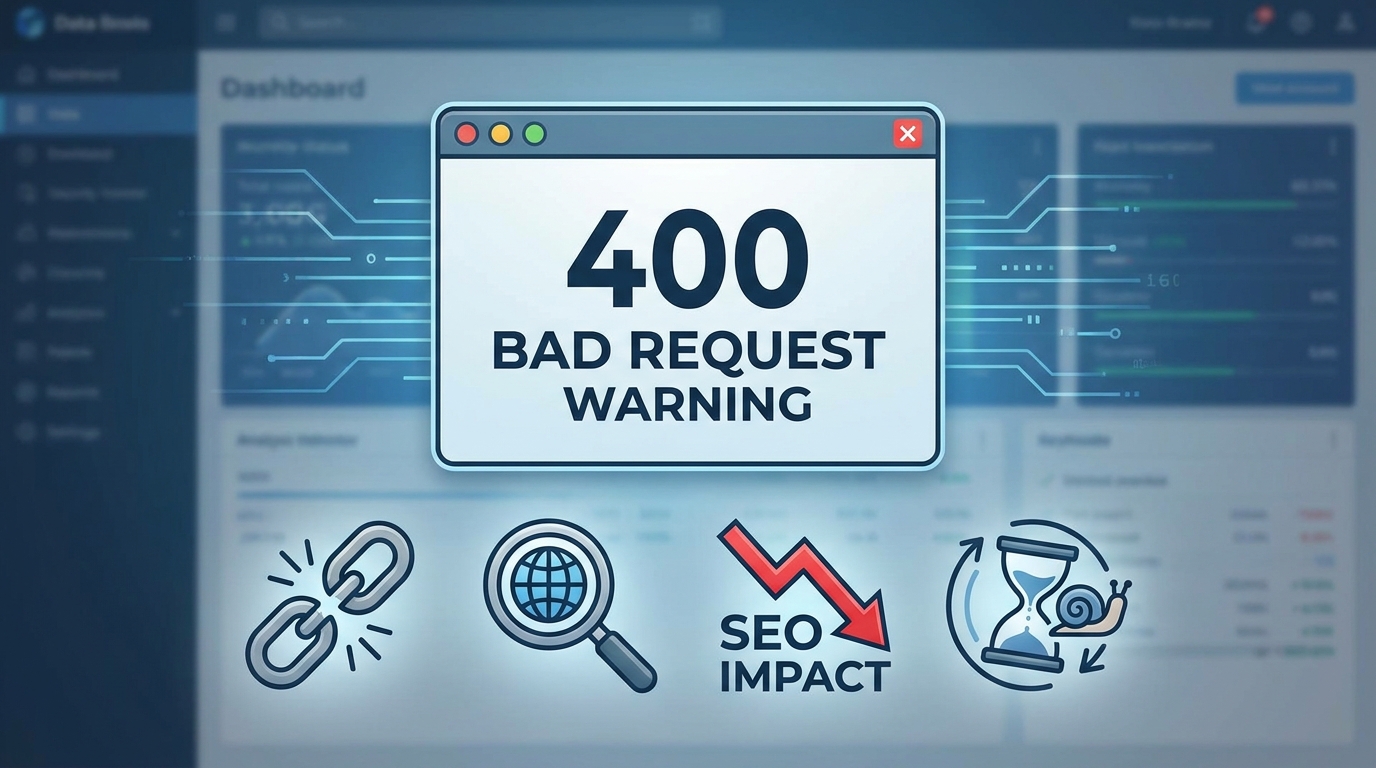 400-error-seo-impact - 400 Bad Request uyarısı üzerinde kırık bağlantı ikonu, arama motoru ikonu, aşağı yönlü SEO grafiği ve yavaşlayan yükleme simgesi