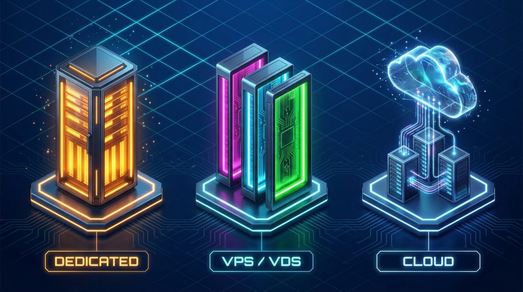 fiziksel sunucu, vps ve bulut sunucu karşılaştırma illüstrasyonu