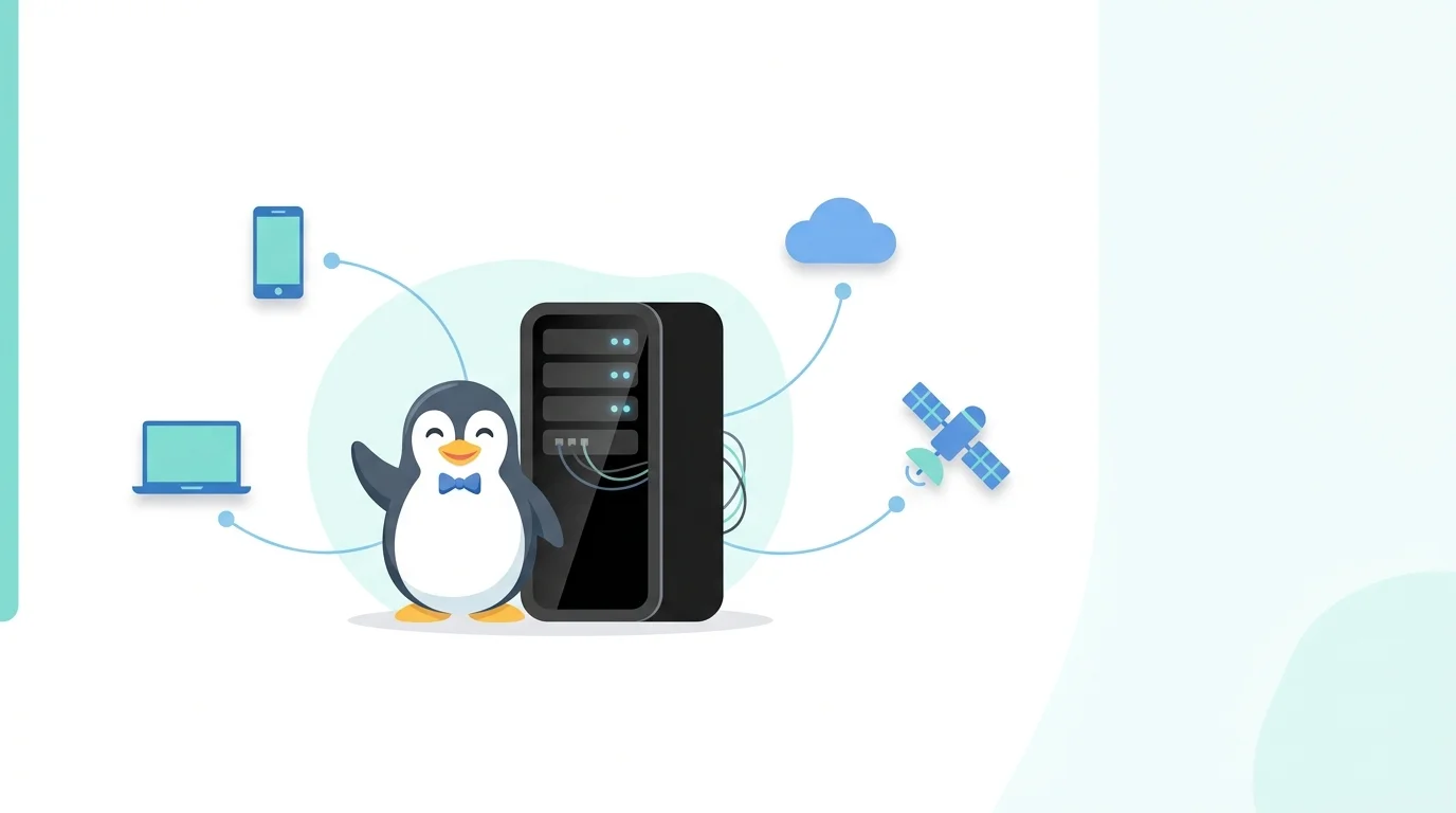 Linux işletim sistemini temsil eden penguen maskotu, yanında sunucu, akıllı telefon, dizüstü bilgisayar ve bulut ikonları